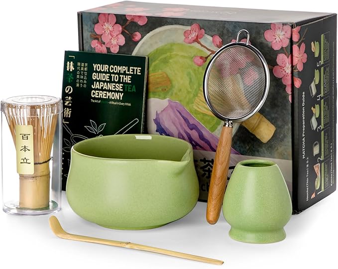 Nucookery Matcha Set - 6 PCS Matcha Whisk Set, 18OZ Matcha Bowl (Chawan) with Spout, Matcha Whisk (Chasen) and Holder, Bamboo Matcha Scoop and Sifter, Matcha Kit/Tools/Accessories for Tea Ceremony