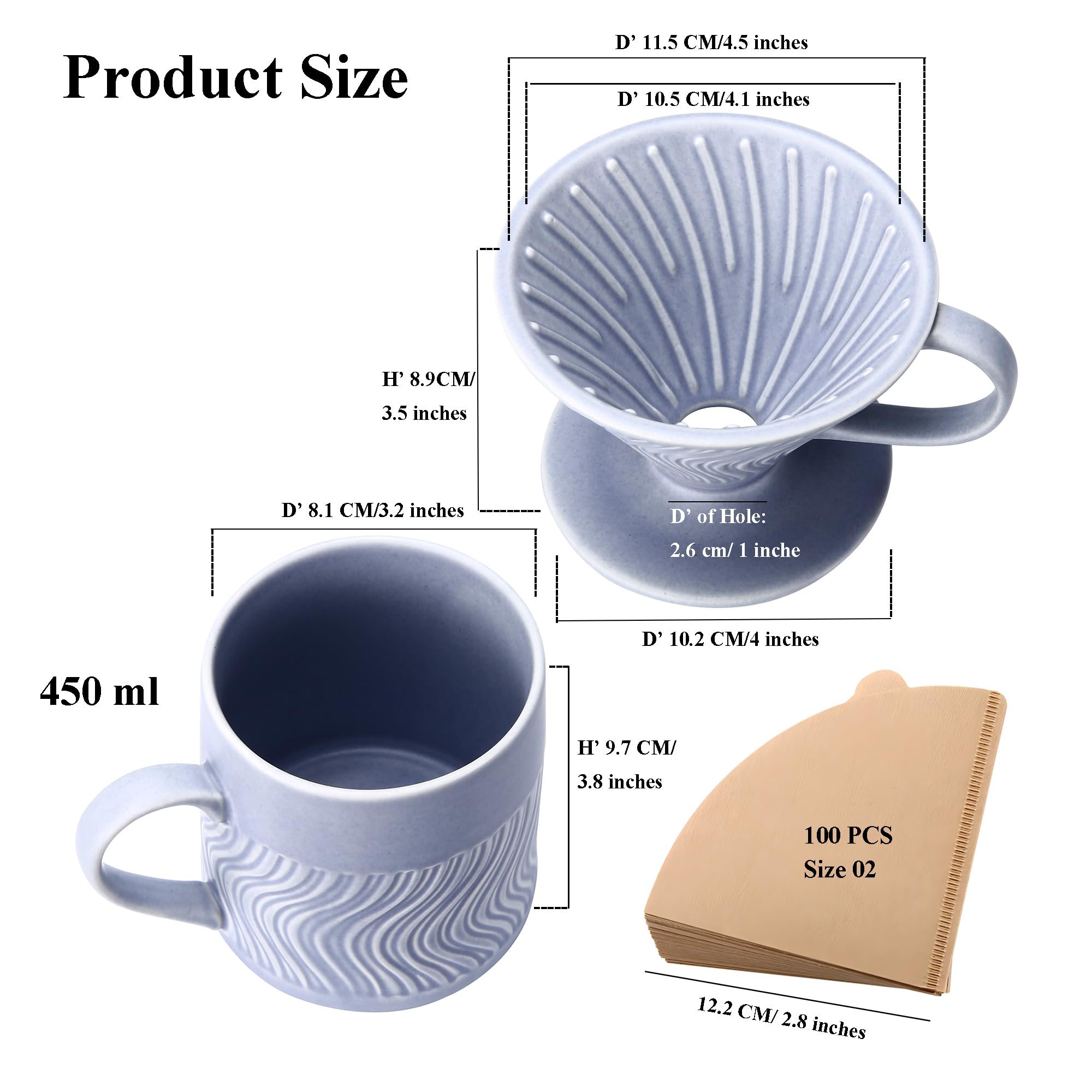 Polydremio Pour Over Coffee Maker with 100 Sheets of Paper Filter, 15 oz Ceramic Coffee Mug & Ceramic Coffee Dripper, 1 Cup-Single brew coffee set, Purple