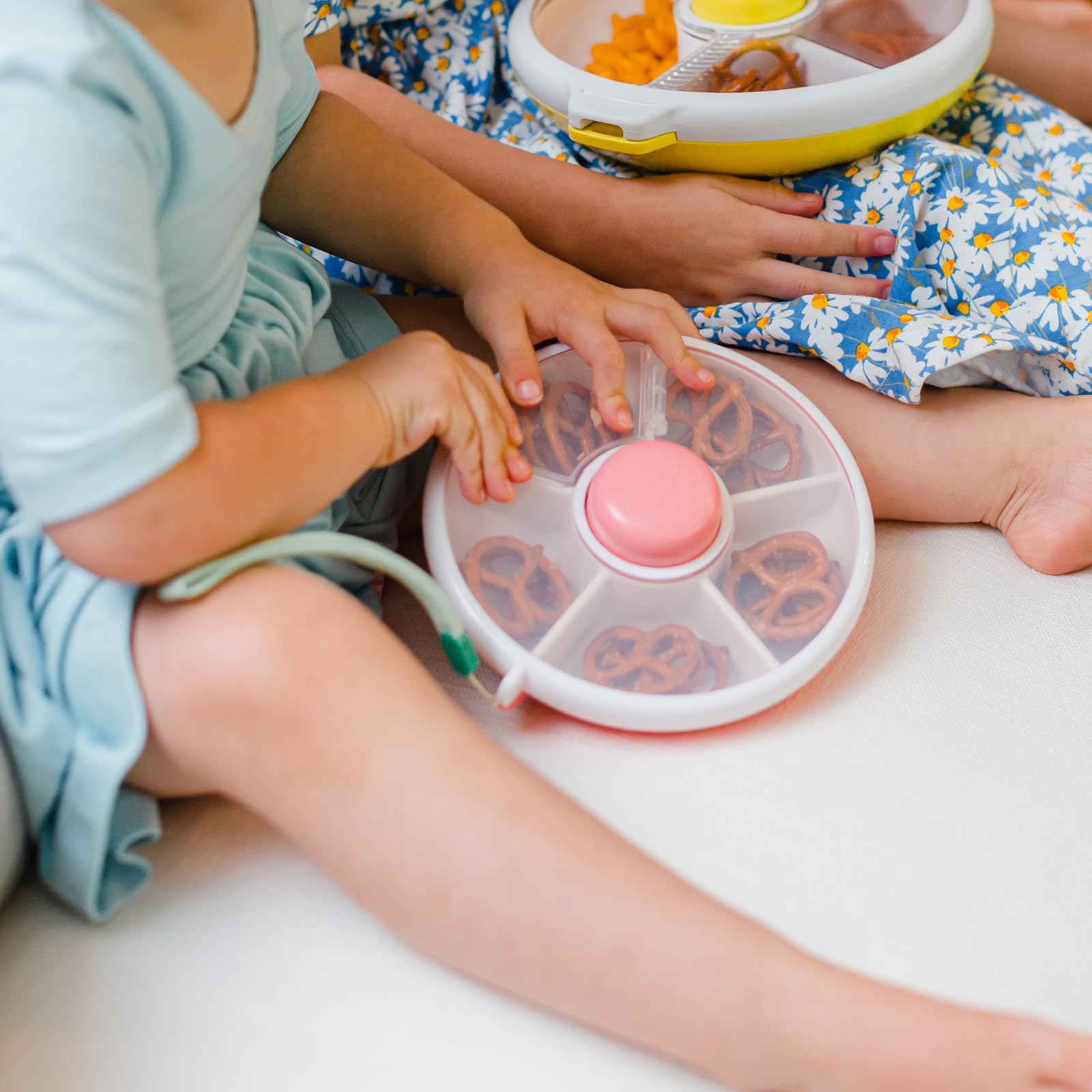 GoBe Kids Small Snack Spinner Flip Bundle with Hand Strap and Sticker Sheet - Reusable Snack Container with 5 Compartment Dispenser and Lid | BPA/PVC Free | Dishwasher Safe | No Spill - Coral Pink