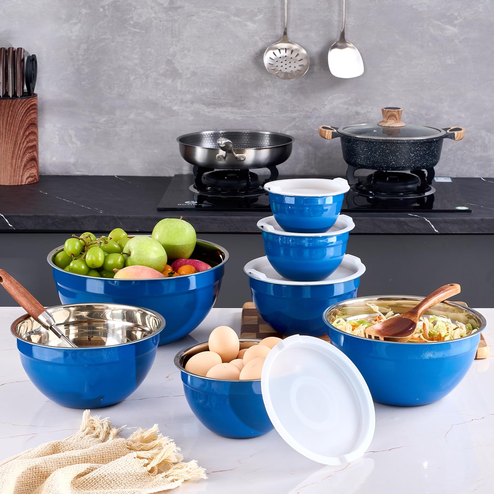 Onlycooker Blue Mixing Bowls With Airtight Lids,Stainless Steel Bowl,Salad Bowls 7 Piece Colorful Nesting Bowl Blue Kitchen Accessories,Size 7,3.6,2.7,2.1,1.5,1.1,0.8QT Stackable Design