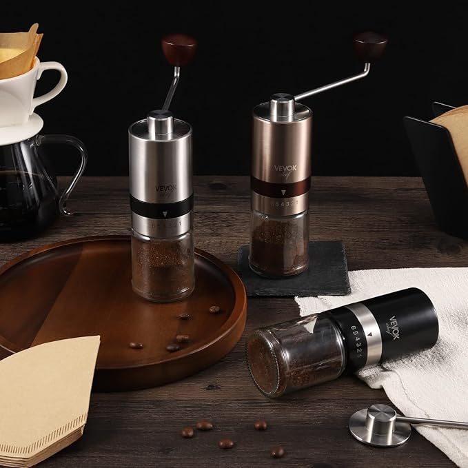 VEVOK CHEF Gold Manual Coffee Grinder Stainless Steel Burr Coffee Grinder with Portable Bag External Adjustable Setting Small Hand Coffee Grinder Ultra Fine for Espresso at Home Morning Coffee