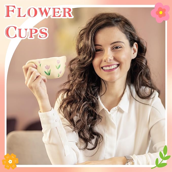 Cute Coffee Mug Set of 2 Vintage Flower Mugs 8 oz Ceramic Floral Coffee Mugs Irregular Latte Art Cup Lead-free Porcelain Cups for Cappuccino, Cocoa (Orange Flowers and Purple Tulips)