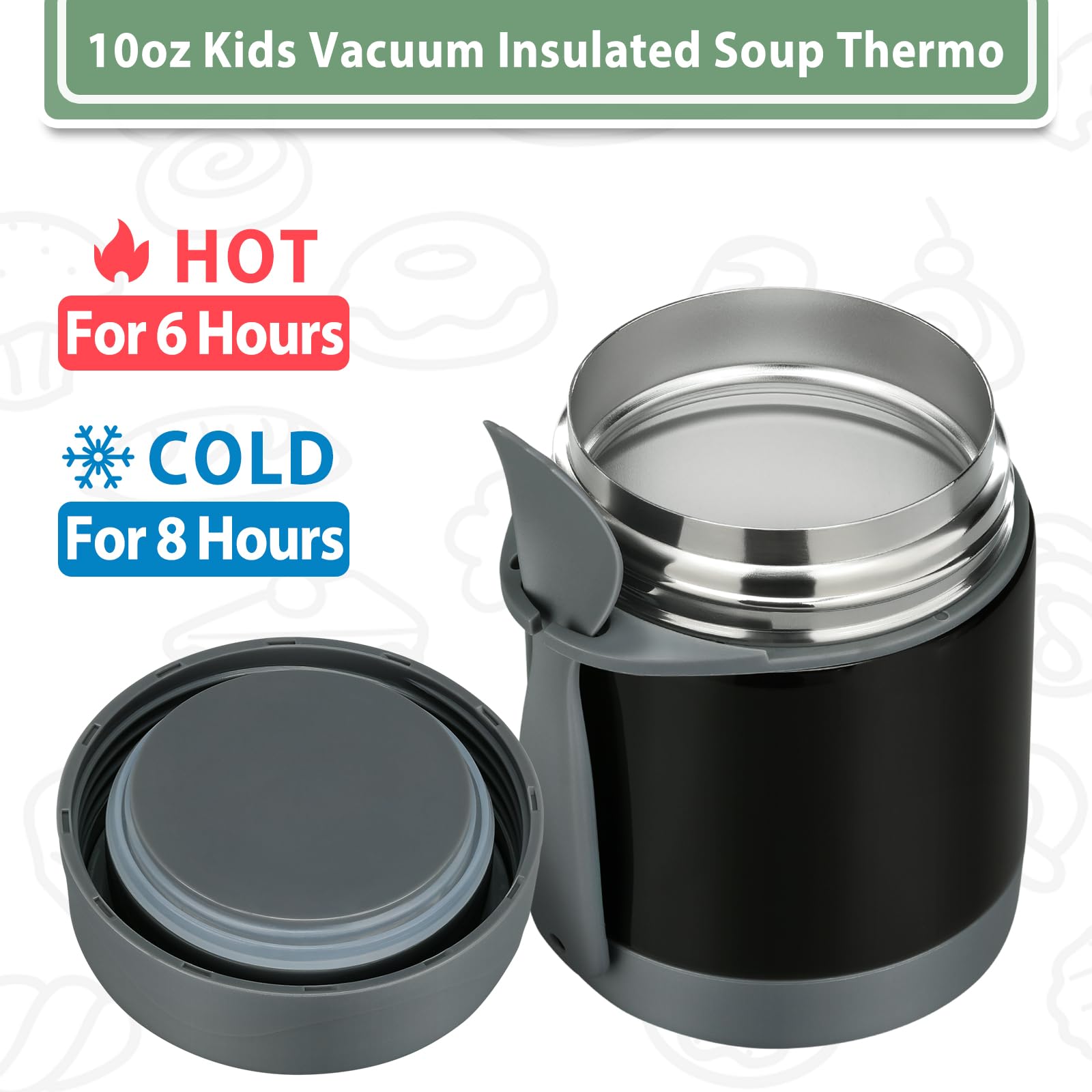 Howeemo 10oz Soup Thermo for Hot Food Kids,Lunch Kids Jar with Spoon Insulated Containers,Leak Proof Stainless Steel Wide Mouth Lunch School(Black)