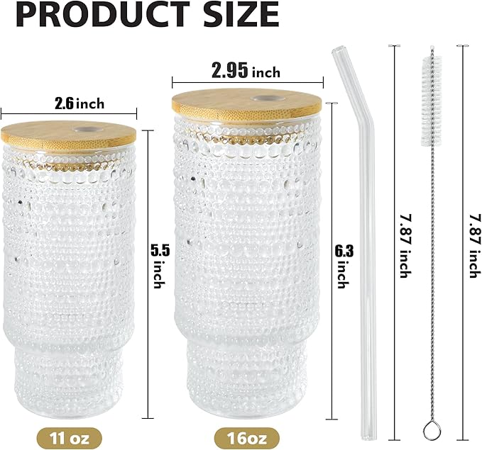 2 Pcs 11 oz Drinking Glasses Cups Set with Bamboo Lids Straws Brush Hobnail Small Drinking Glassware Set for Juice Iced Coffee Beer Cocktail Whiskey(Hobnail*2)