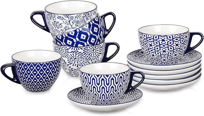 Selamica Ceramic 8 oz Cappuccino Cup Set with Saucers, Espresso Coffee Cups, Latte Macchiato for Party Cafe Home, Set of 6, Vintage Blue