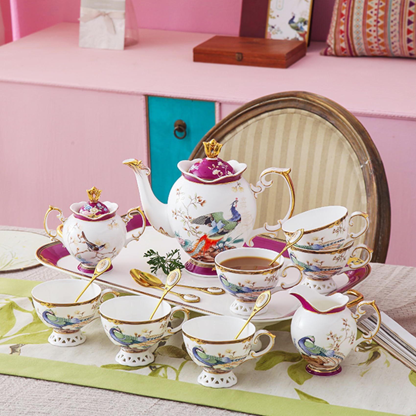 ACMLIFE Bone China Tea Set for Adults with Teapot, Porcelain Tea Party Sets 21-Piece Vintage Floral Fine Bone China Tea Set for 6, 24K Gold English Tea Sets for Women Tea Party for Gifts