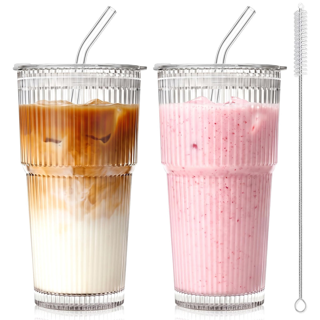 hosck 20oz Iced Coffee Cups with Lids and Straws, Thicken Glass Cups, 2 PCS