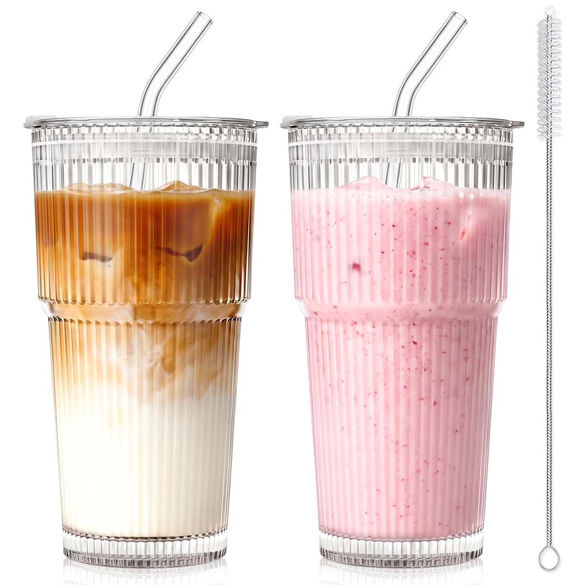 hosck 20oz Iced Coffee Cups with Lids and Straws, Thicken Glass Cups, 2 PCS
