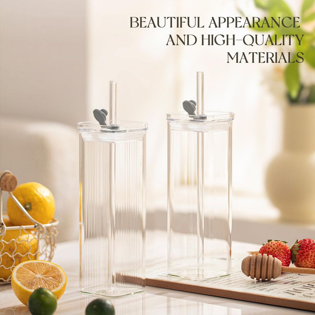 KEMORELA 12 Sets Square Drinking Glass Cups with Lids & Straws, 17 Oz Clear Highball Glasses for Cocktail, Iced Coffee, Juice, Beer - Modern Glass Tumblers