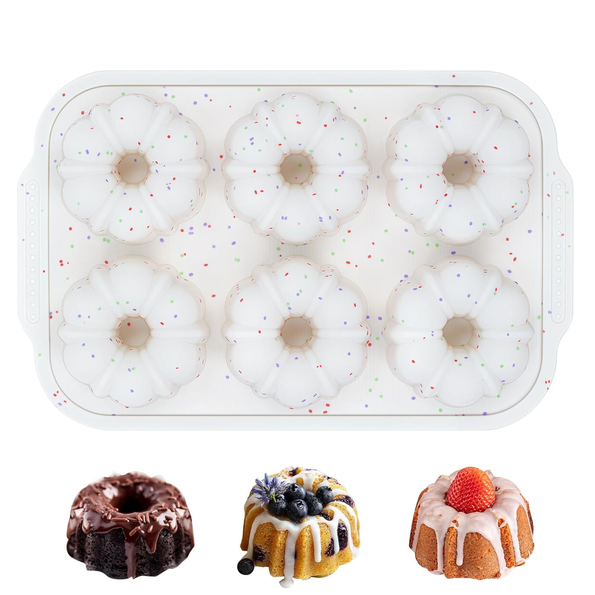 FUNBAKY Mini Fluted Tube Cake Pans for Baking with Metal Reinforced Frame, 2Pcs Silicone 6-Cavity Mini Flan Molds, Nonstick Baking Mold for Cupcake, Brownie, Donuts, Cornbread, Jello