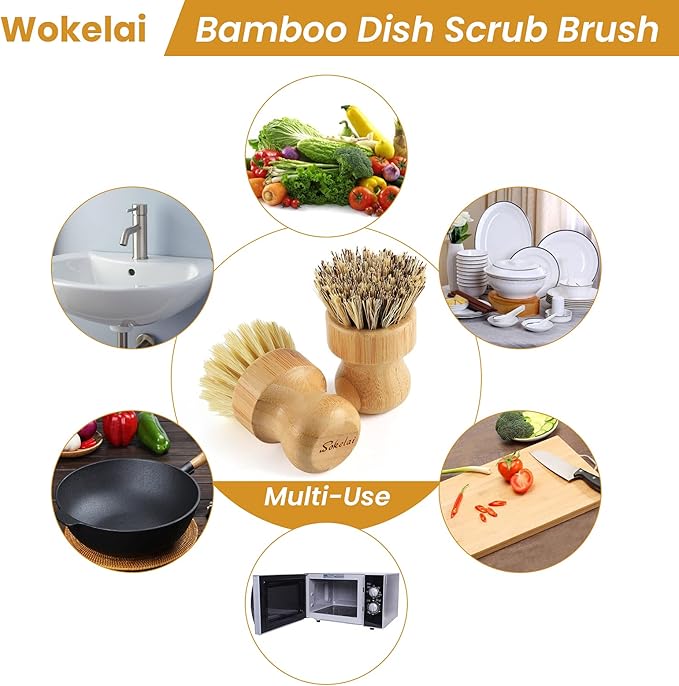 Bamboo Dish Scrub Brushes Set for Kitchen - Wooden Cleaning Scrubbers Brushes, Eco-Friendly Natural Dishes Washing Brush for Dishwashing Cast Iron Pots Pans Skillet Vegetables Sink, Set of 2