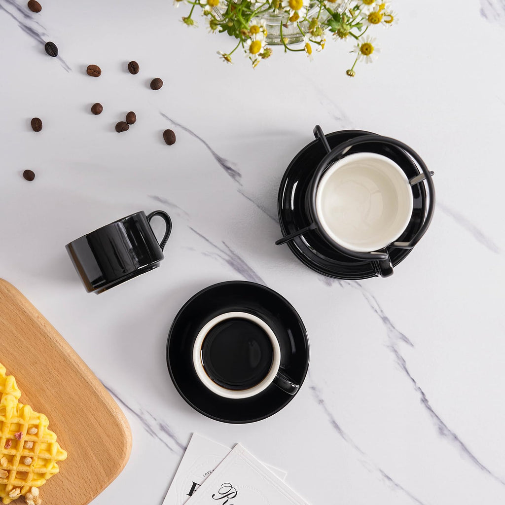 Meichu Cappuccino Cups Set of 4, 8oz Stackable Coffee Cups Set with Saucers and Metal Stand, Black Coffee Mugs and Saucers for Cappuccino, Latte, Americano and Tea