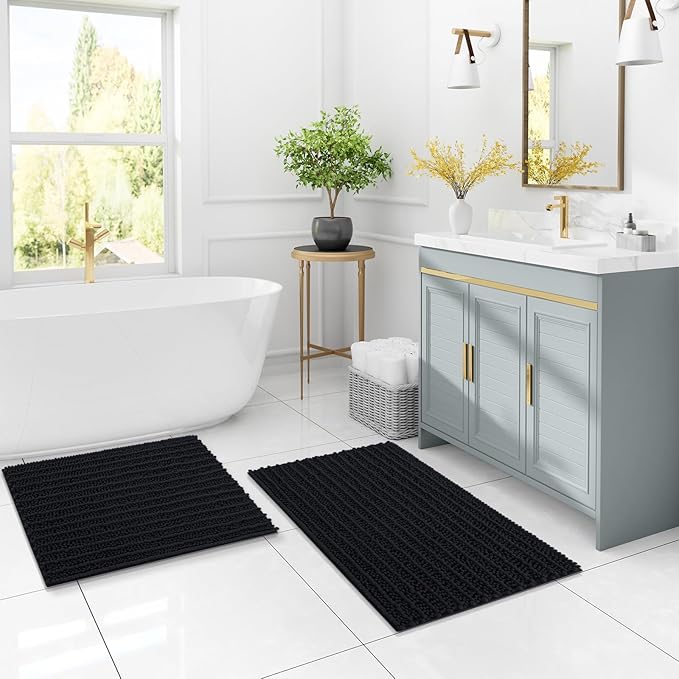 Arotive Luxury Chenille Bathroom Rug Mat, Extra Soft Thick Absorbent Shaggy Bath Rugs, Non-Slip Machine Wash Dry, Plush Bath Mats for Bathroom, Shower and Tub, 59x35, Black