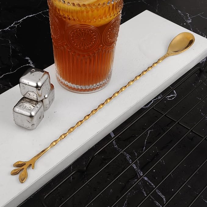 AnSaw Gold 12-Inch Stainless Steel Cocktail Spoon with Leaf Handle - Perfect for Mixing & Layering Drinks in Tall Cups, Bar & Shakers - Durable Long Handle Bar Stirrer,2-Pieces