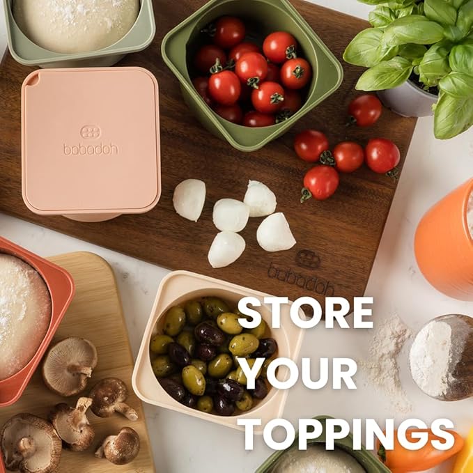 Babadoh Pizza Dough Proofing Silicone Containers with Lids | Pizza Making Accessories | Set of 3 | Multi Spice (1 Sesame, 1 Scallop, 1 Nduja) | Original Size (make 12" Pizzas)