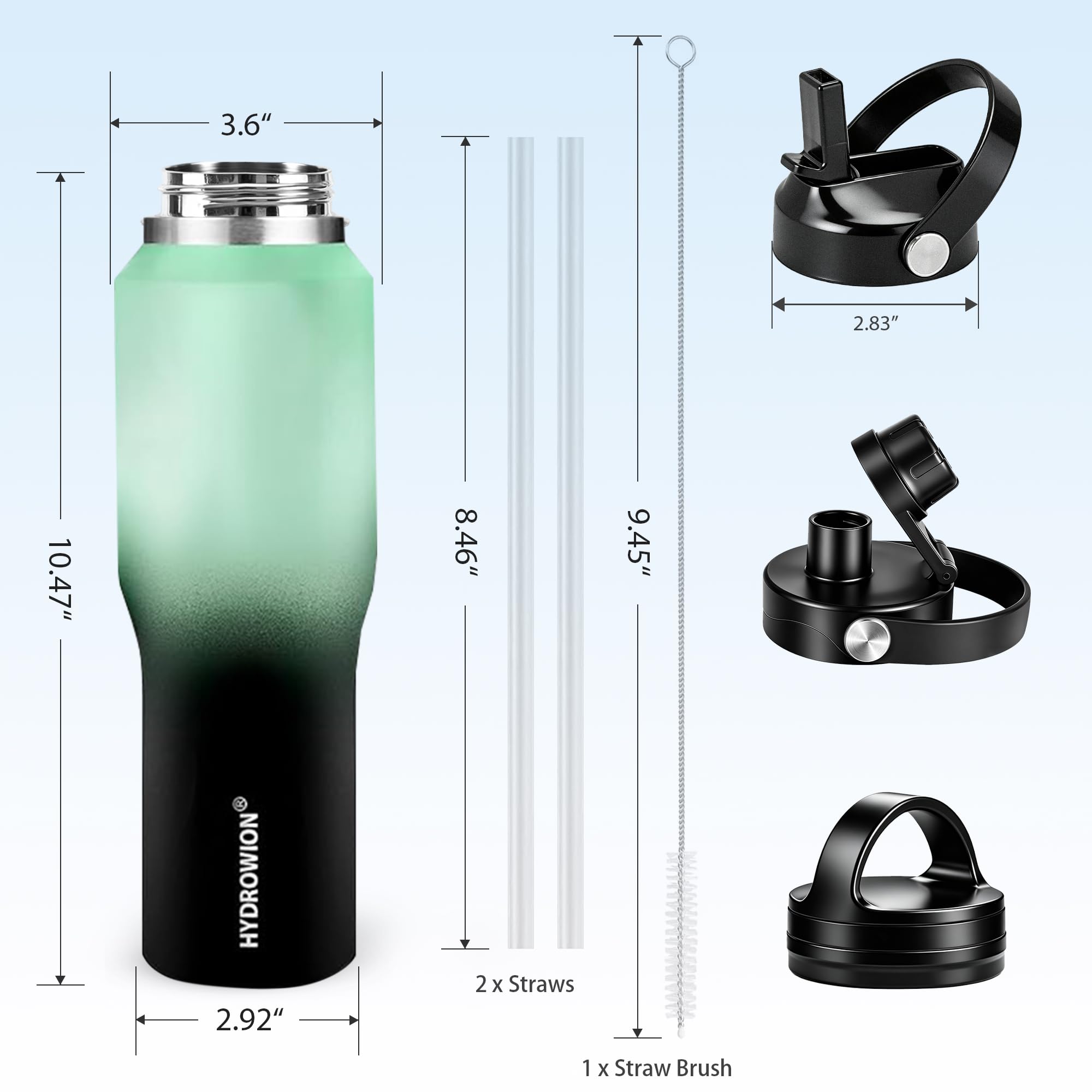 HYDROWION Water Bottle Stainless Steel,Vacuum Insulated Leak Proof Tumbler 32oz with Straw Lid, Spout Lid and Flex Cap(Cold for 48 Hrs, Hot for 24 Hrs), Fit in Any Car Cup Holder, Mint - Black