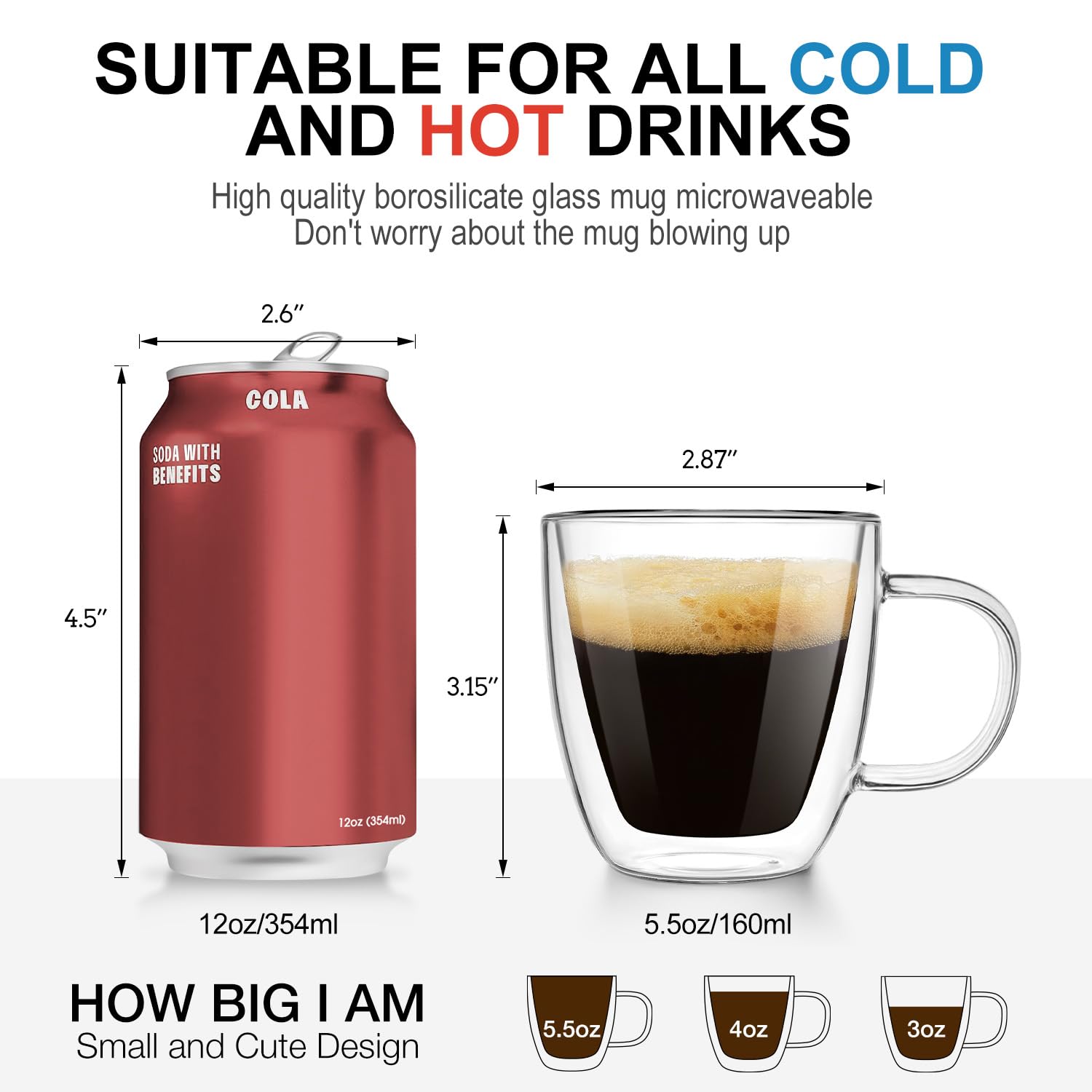 Espresso Cups Set of 4, Double Wall Hand Blown 5.5OZ Espresso Shots Glass, Coffee Mugs with Handle Perfect for Cappuccino, Latte, Tea