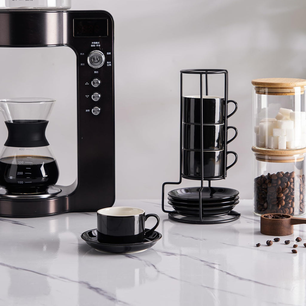 Meichu Cappuccino Cups Set of 4, 8oz Stackable Coffee Cups Set with Saucers and Metal Stand, Black Coffee Mugs and Saucers for Cappuccino, Latte, Americano and Tea