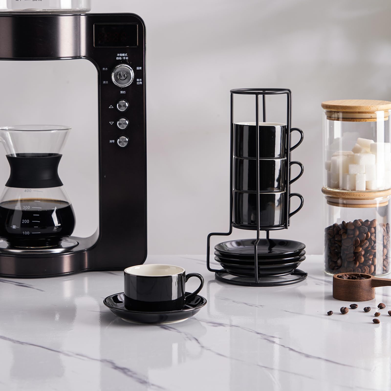 Meichu Cappuccino Cups Set of 4, 8oz Stackable Coffee Cups Set with Saucers and Metal Stand, Black Coffee Mugs and Saucers for Cappuccino, Latte, Americano and Tea