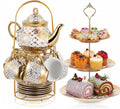 Maxcheck 21 Pcs Porcelain Tea Set for Women Tea Party with Metal Holder and 3 Tier Cake Stand Ceramic European Floral Teapot Set for Adults Mother's Day Christmas Thoughtful Gift(Stylish Style)