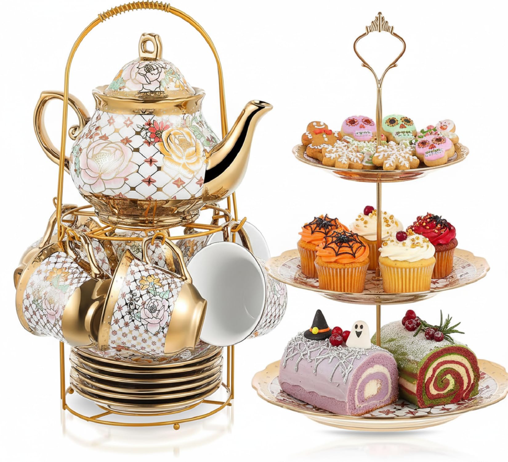 Maxcheck 21 Pcs Porcelain Tea Set for Women Tea Party with Metal Holder and 3 Tier Cake Stand Ceramic European Floral Teapot Set for Adults Mother's Day Christmas Thoughtful Gift(Stylish Style)