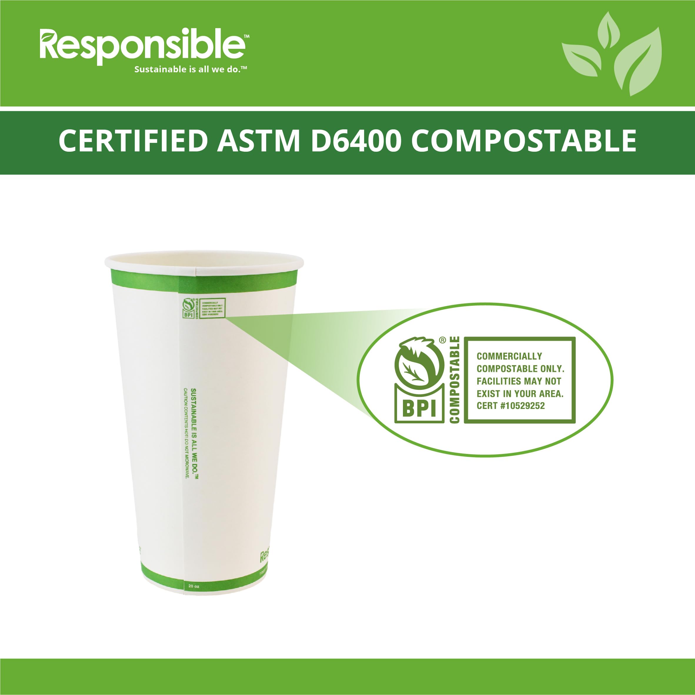 Responsible Products Certified Compostable 20 oz Paper Cups, Cold ＆ Hot Coffee Cups, Disposable Paper Cups, Extra Strength Disposable Cups, Made without PFAS (50 count)