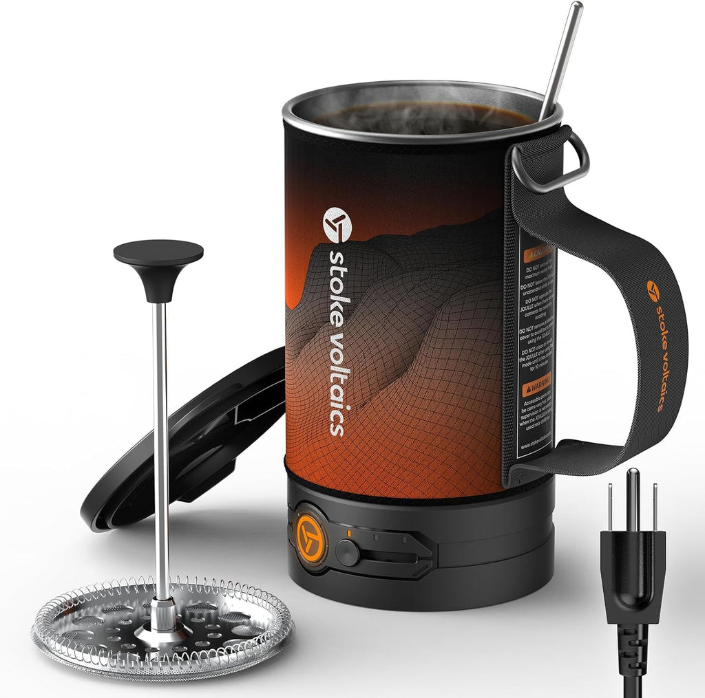Stoke Voltaics Electric French Press Coffee Maker, 120V Boil Water & Press Coffee 2-in-1, Portable Design for Camping, Travel, 6 Minute Brew Ready