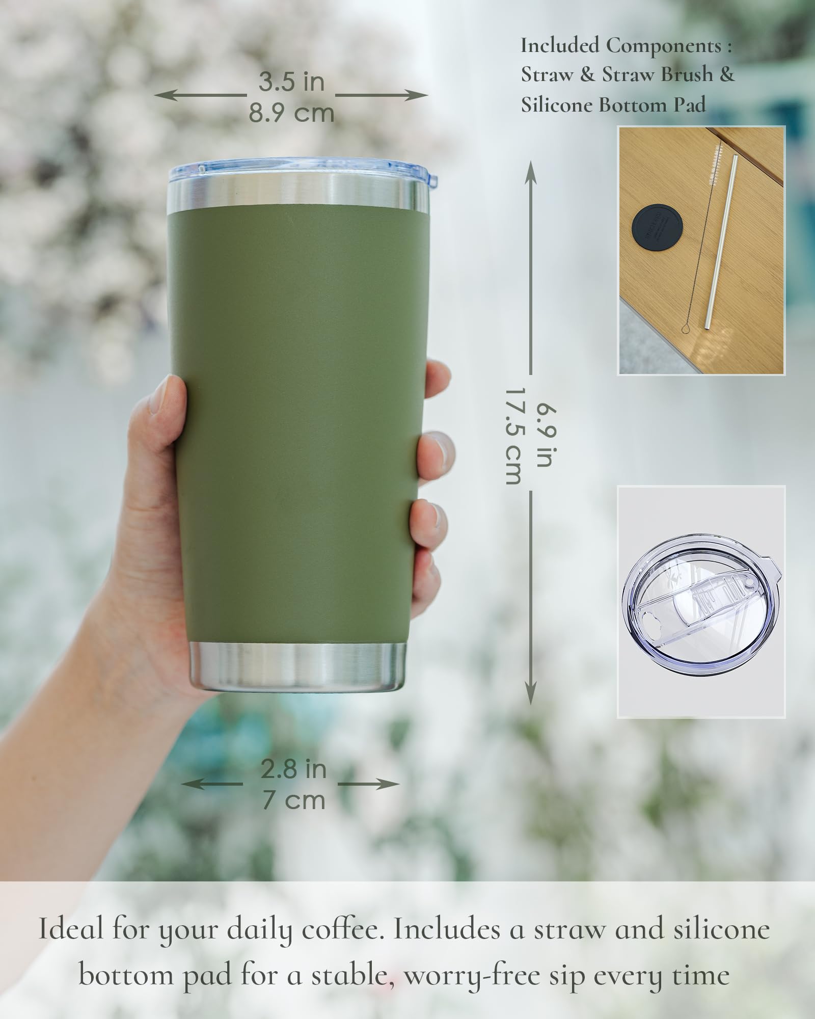 UIRZOTN Travel Coffee Tumbler 20oz, 12 Pack Leakproof Travel Coffee Mug with Lid and Straw, Stainless Steel Double Wall Vacuum Insulated Tumbler for Hot/Iced Drinks (Textured Matte, Army Green)