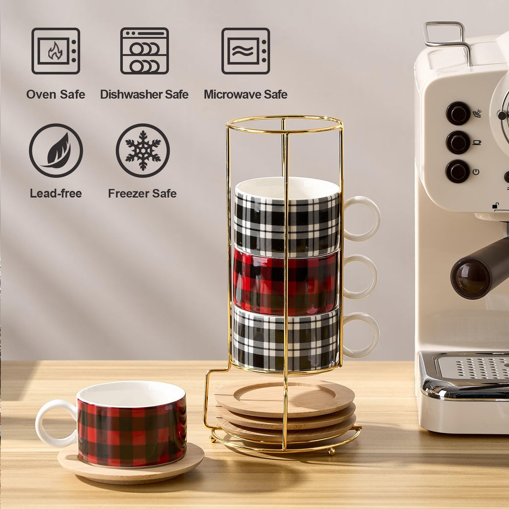 LUKA Porcelain Espresso Cup with Metal Stand,6 Ounce Stackable Ceramic Demitasse Espresso Mugs Cappuccino Cups Set for Latte,Coffee,Cafe Mocha,Tea - Set of 4 (Plaid Red & Gray)