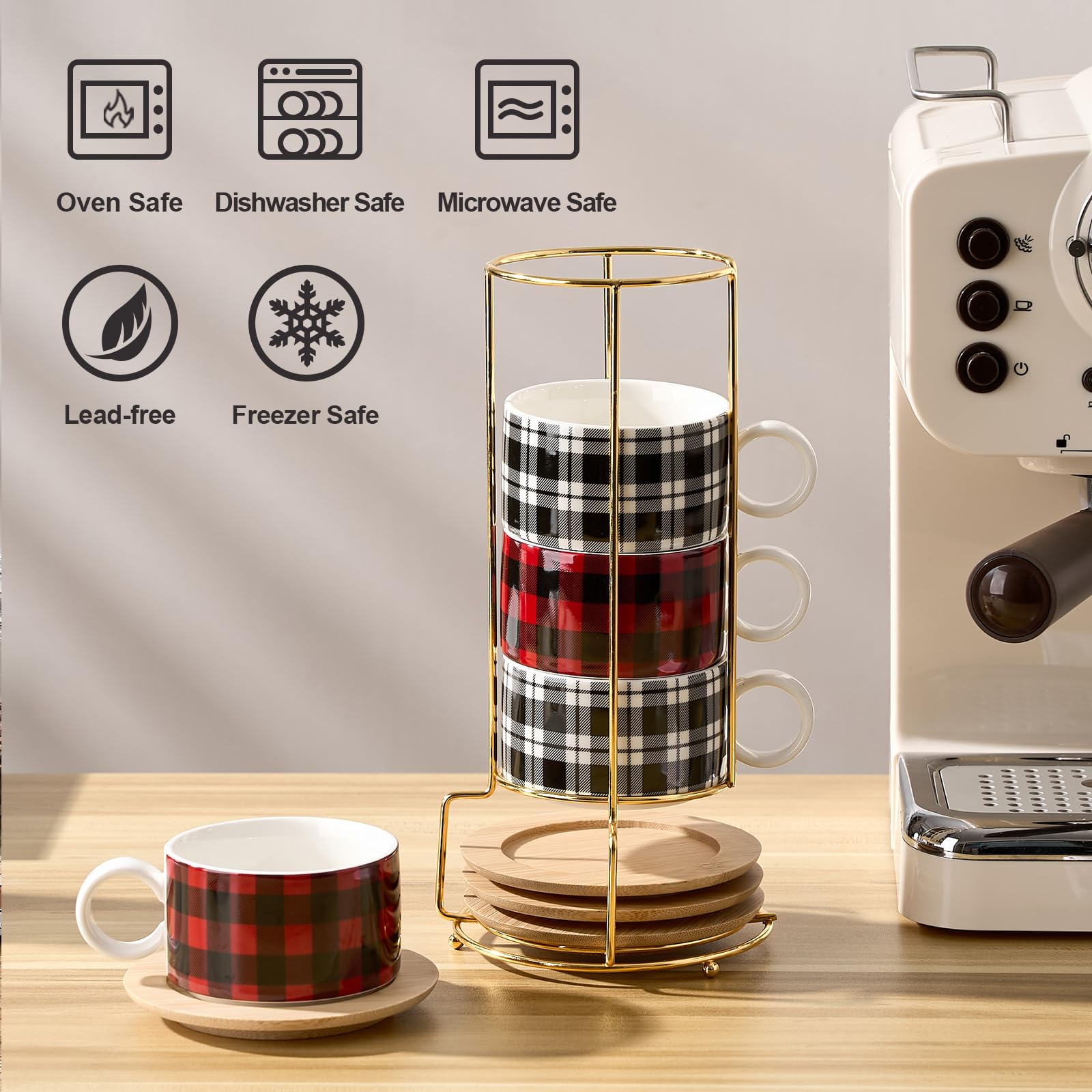LUKA Porcelain Espresso Cup with Metal Stand,6 Ounce Stackable Ceramic Demitasse Espresso Mugs Cappuccino Cups Set for Latte,Coffee,Cafe Mocha,Tea - Set of 4 (Plaid Red & Gray)