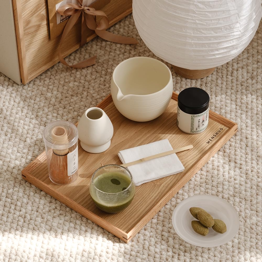WENSHUO Matcha Whisk Set, Ceramic Matcha Bowl with Spout, White,6-Pc