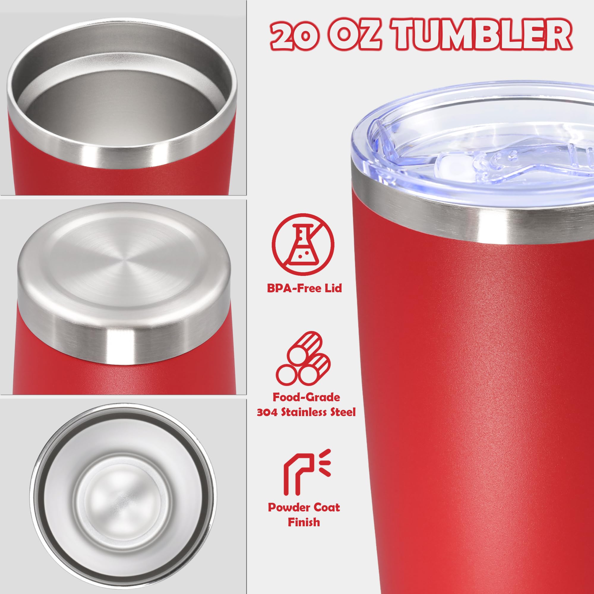 AUWBON 20oz Tumbler Stainless Steel Tumbler Coffee Tumbler with Lid Red, 4P