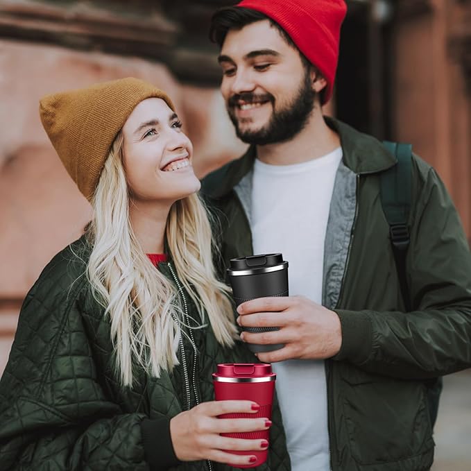 Insulated Coffee Tumbler 12 oz, Stainless Steel Coffee Mug with Lids, Travel Coffee Mug Leak Proof, Double Wall Vacuum Insulated Reusable Iced Coffee Cup, Keep Drinks Hot and Cold (Red, 17 Ounces)