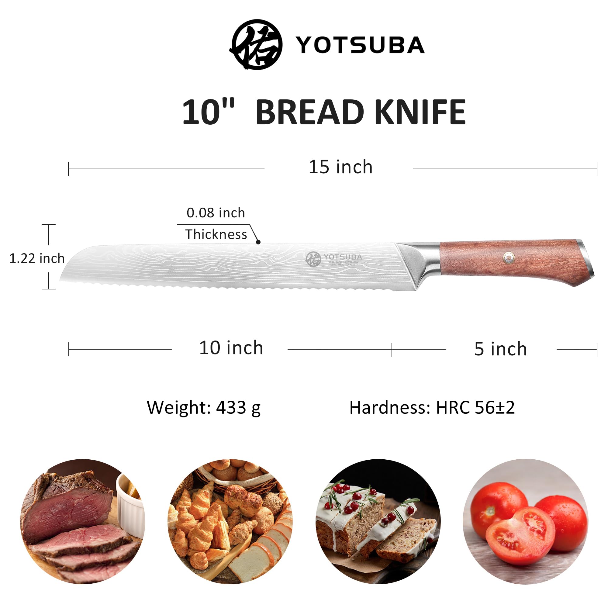 YOTSUBA 10 Inch Japanese Style Premium Natural Rosewood Bread Knife