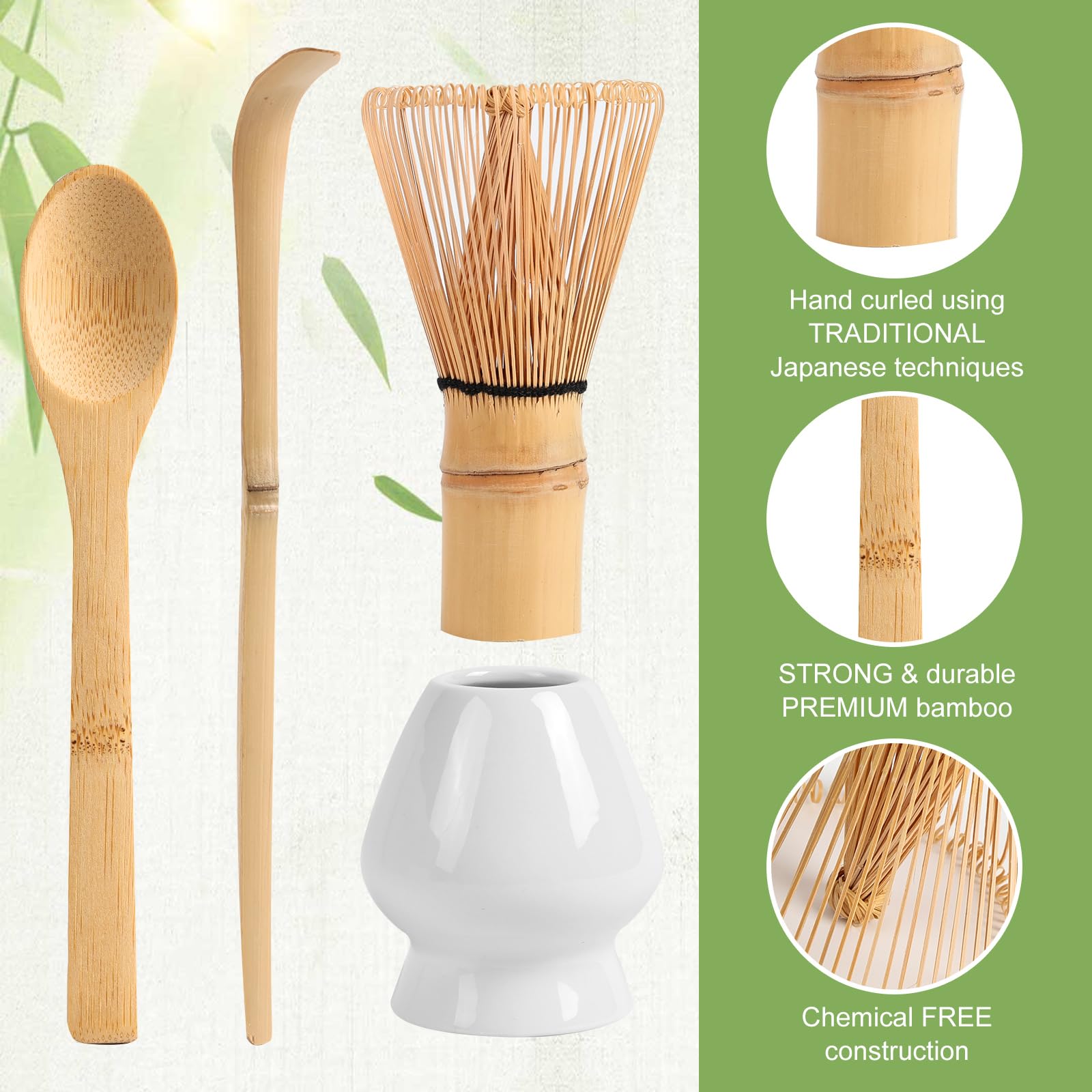 Cemruy Matcha Whisk Set (4pcs, Bamboo, White)