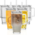 KEMORELA 6-Pack 24oz Glass Cups with Lids and Straws, Ribbed Textured Tumblers with Handle, Reusable Clear Drinking Glasses for Iced Coffee, Bubble Tea, Dishwasher Safe, Drinkware Set