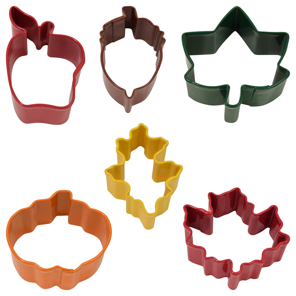 R&M Mini Autumn 6-Piece Color Cookie Cutter Set – Polyresin Coated Red, Yellow, Green Fall Leaves, Apple, Orange Pumpkin & Brown Acorn Baking Tools