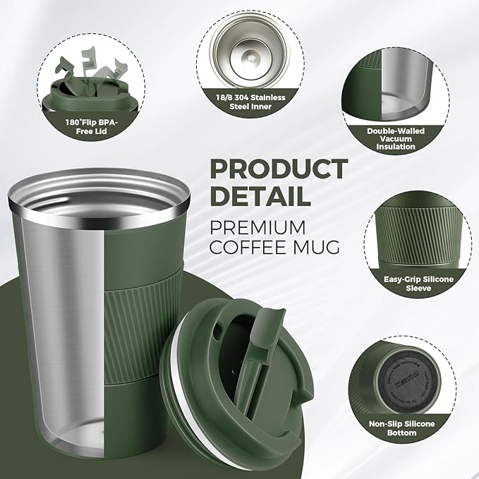 Volhoply 13 oz Stainless Steel Insulated Travel Coffee Mug with Fip Lid Bulk 8 Pack,Reusable Double Wall Vacuum Metal Coffee Cup,Portable Leak Proof Thermal Tumbler for Hot & Cold Drinks(Army Green,8)