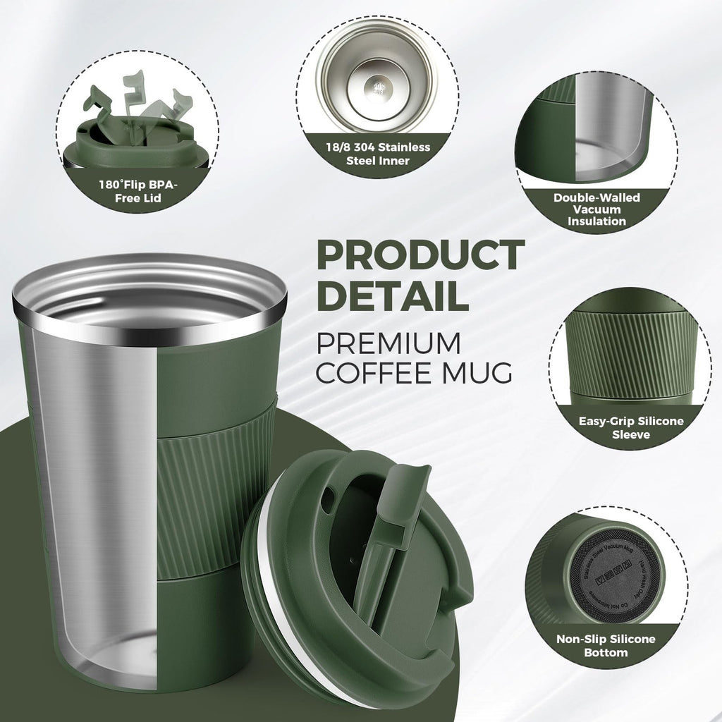 Volhoply 13 oz Stainless Steel Insulated Travel Coffee Mug with Fip Lid Bulk 4 Pack,Reusable Double Wall Vacuum Metal Coffee Cup,Portable Leak Proof Thermal Tumbler for Hot & Cold Drinks(Army Green,4)