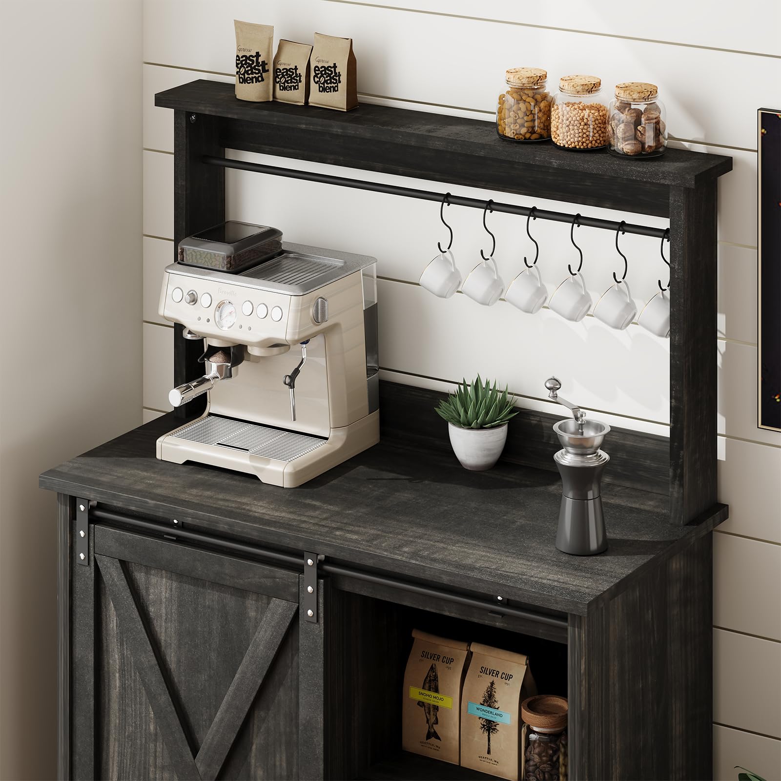 4ever2buy Farmhouse Coffee Bar Cabinet with Sliding Barn Door, 31.5", Dark Oak