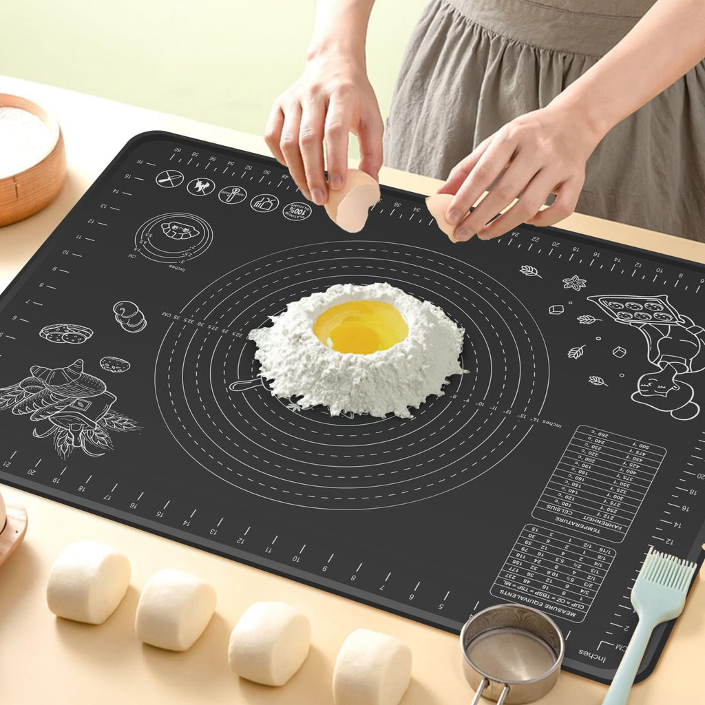 Silicone Baking Mat 28" x 20" Extra Thickness Dough Rolling Mat with Measurements and Edge Heightening, Non-stick Food Grade Silicone Pastry Mat for Pastry, Bread, Cookies, Pizza, Fondant, Pasta-Black