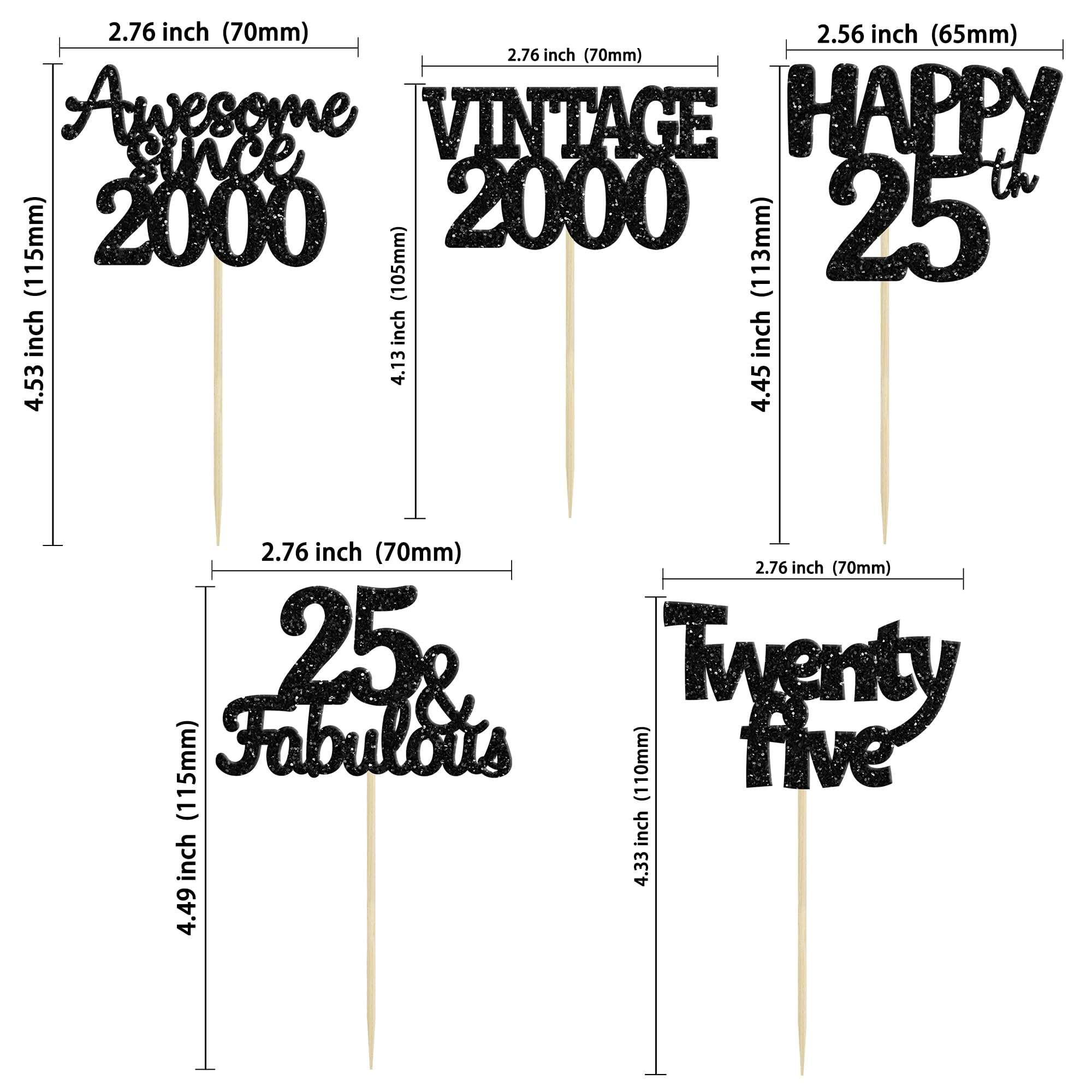 Gyufise 30Pcs Vintage 2000 Cupcake Toppers Glitter 25th Birthday Cake Decorations - Black
