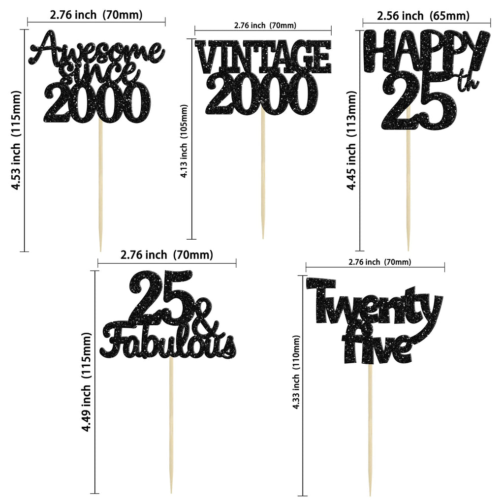 Gyufise 30Pcs Vintage 2000 Cupcake Toppers Glitter 25th Birthday Cake Decorations - Black