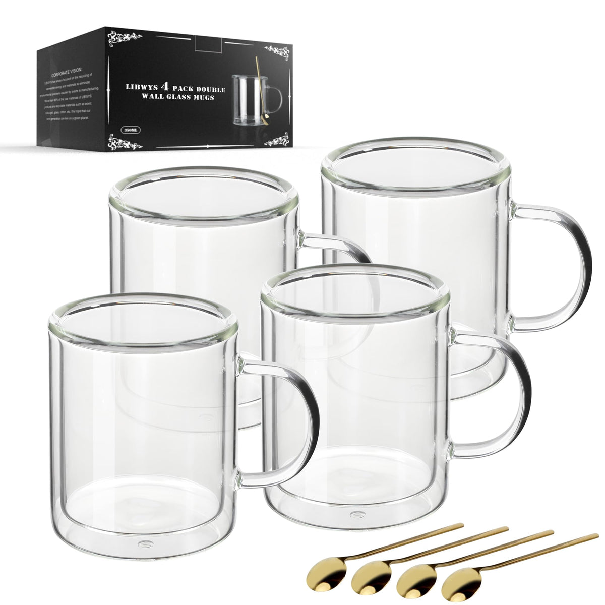LIBWYS 12oz Double Wall Coffee Mugs (4-Pack) - Insulated Borosilicate Glass Cups with Handle for Espresso, Cappuccino, Latte - Heat Resistant, Dishwasher Safe Hot/Cold Beverage Glasses 350ml