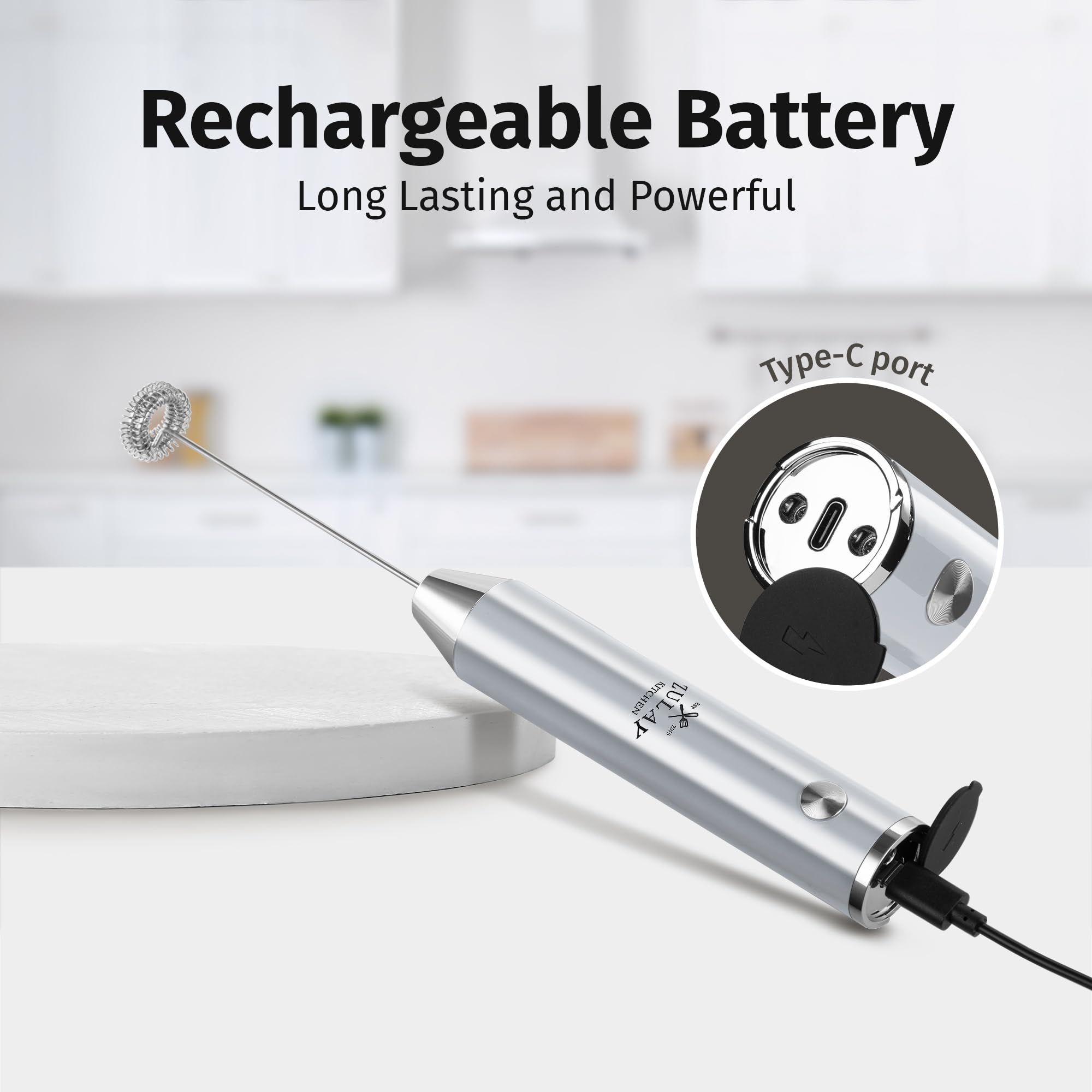 Zulay Kitchen Rechargeable Milk Frother Handheld - Frother Wand, Drink Mixer, Electric Whisk Frother, for Cappuccinos, Matcha & Protein Powder - Lux Double Whisk 2 Speed Waterproof 2000mAh Silver