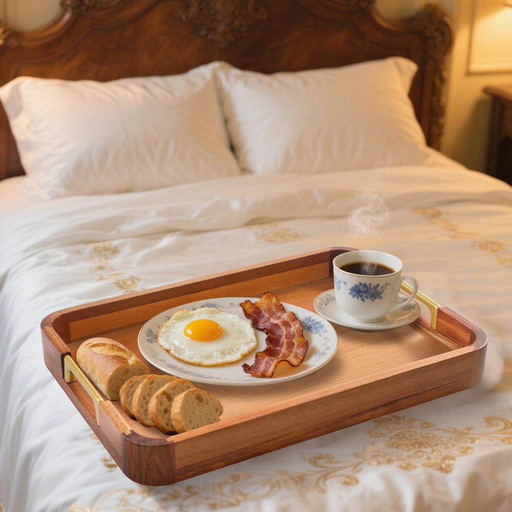 Acacia Wood Serving Tray with Metal Handles, 17x12in Food Drinks Tray for Coffee Table, Breakfast, Dinner & Bar, Rustic Decorative Storage Tray for Ottoman, Kitchen, Parties