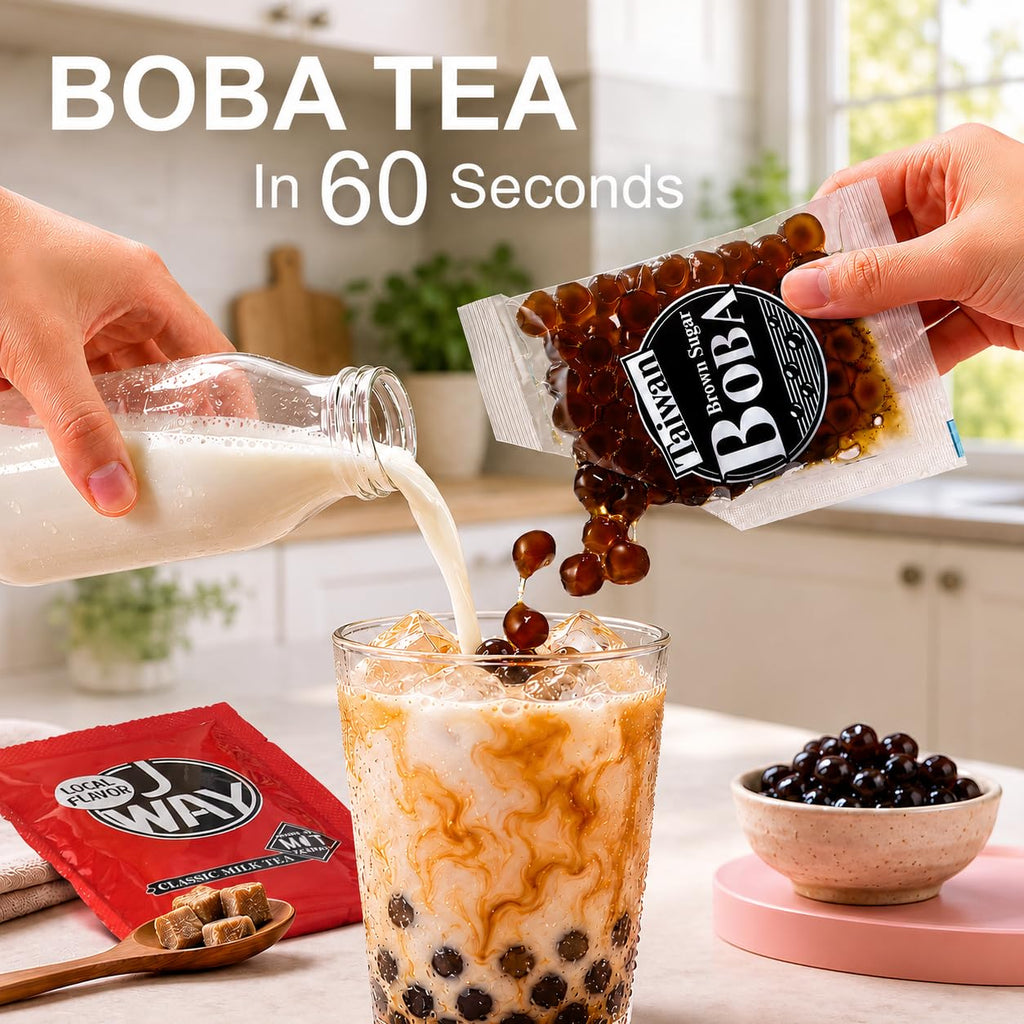 J WAY Instant Boba Bubble Pearl Milk Tea Kit with Authentic Brown Sugar Tapioca Boba, Ready in Under One Minute, Paper Straws Included - 6 Servings