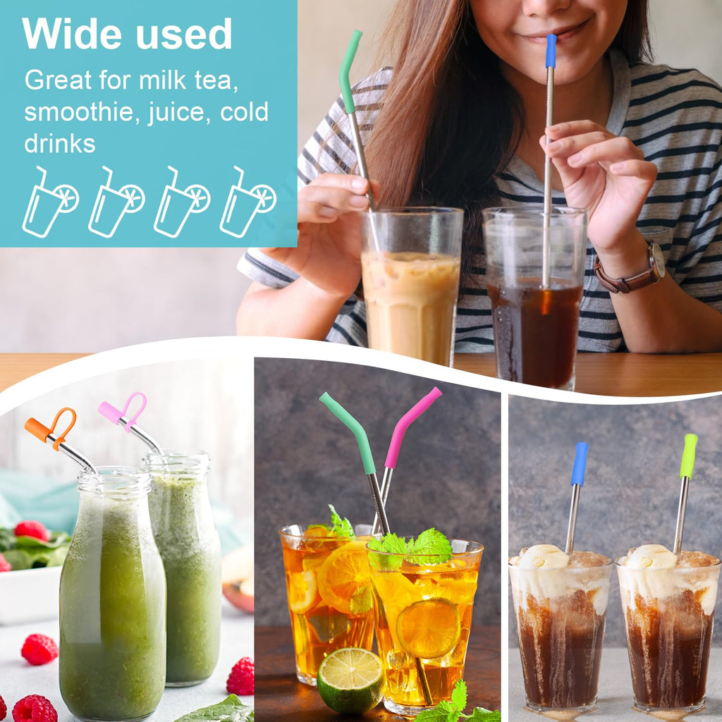 Reusable Stainless Steel Straws Set 6 PCS with 6 Silicone Tips, 2 Straw Brush, 1 Storage Case, Different Sizes of Metal Straws Reusable, Suitable for 14, 20, 30 oz Cups Tumbler, for Hot/Cold Drinks