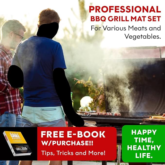BBQ Grill Mat Set of 3-100% Nonstick Large Grilling Sheets - Heavy Duty Cooking Mats for Outdoor Grill Charcoal, Gas or Electric - Reusable, Extra Thick and Easy to Clean - 15.75 x 13