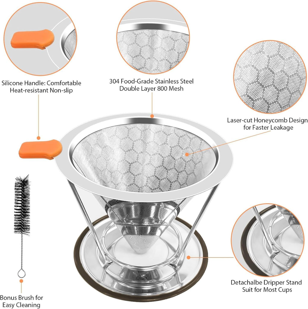 X-VESOLJE Pour Over Coffee Dripper, Paperless Pour Over Coffee Filter, Reusable Pour Over Coffee Maker Set, Dual-Layer Stainless Steel Cone Filter, Detachable Dripper Stand, Single Cup Brewer 1-4 Cup